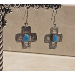 Vintage Sterling Silver Southwestern Style Turquoise Cross Dangle Earrings